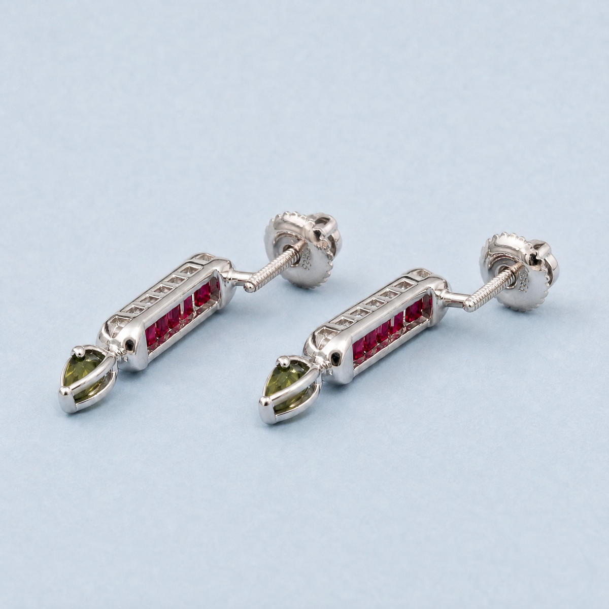 Red Baguette Bar Drop Earrings in 925 sterling silver, angled view