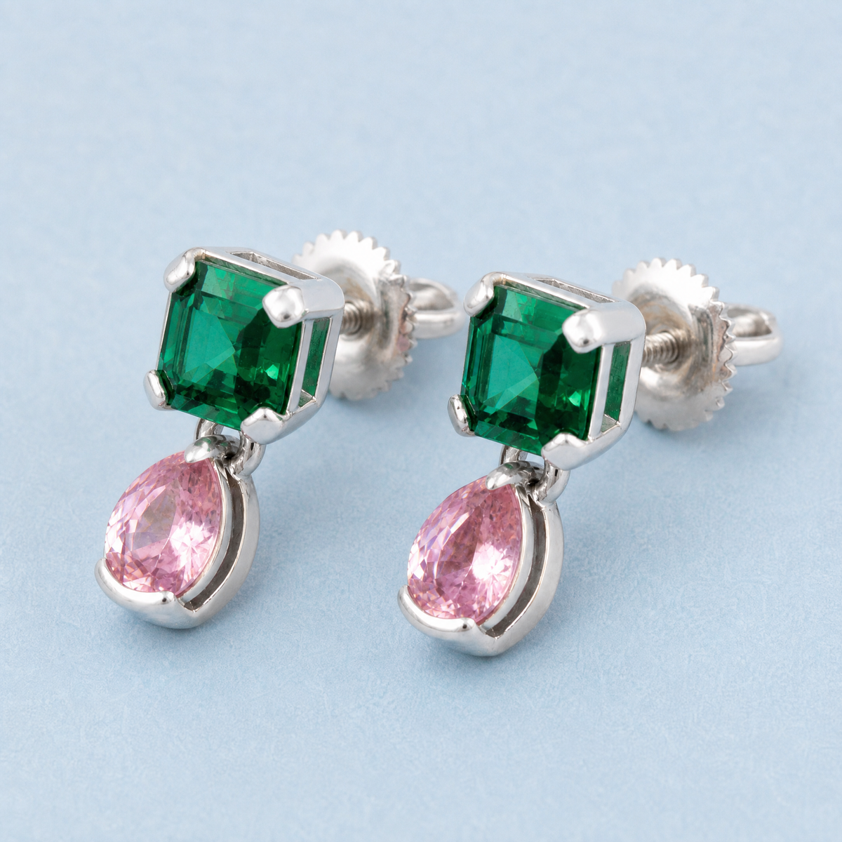 Green and Pink Drop Earrings in 925 sterling silver, angled view