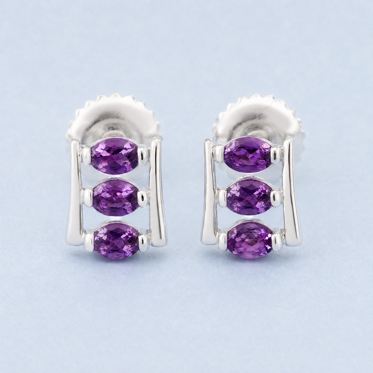 Purple Trio Ladder Stud Earrings in 925 sterling silver, angled view