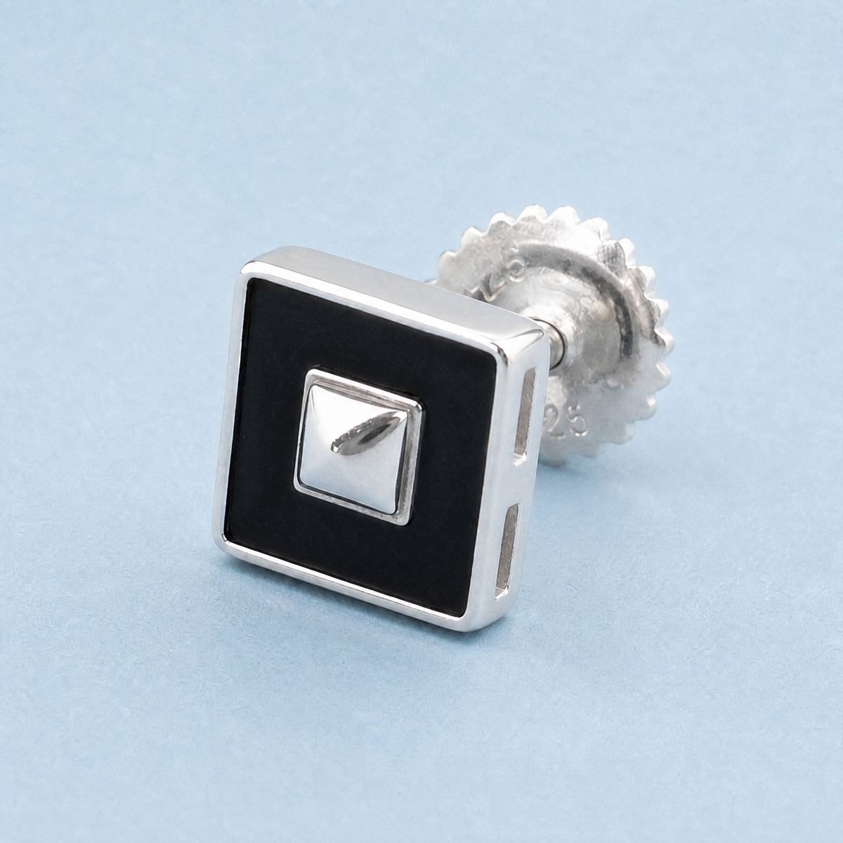 Art Deco Black Square Stud Earrings in 925 sterling silver, close-up of one earring