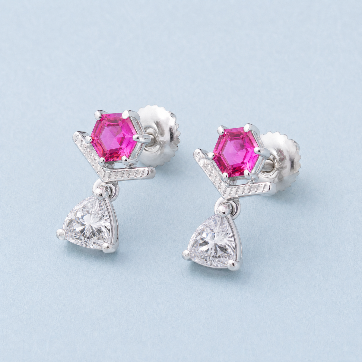 Pink Hexagon Chevron Drop Earrings in 925 sterling silver, angled view