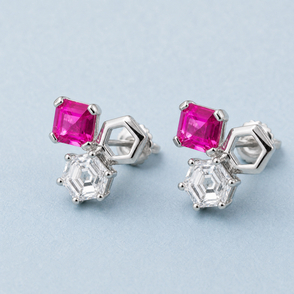 Hexagon Trio Cluster Stud Earrings in 925 sterling silver, angled view