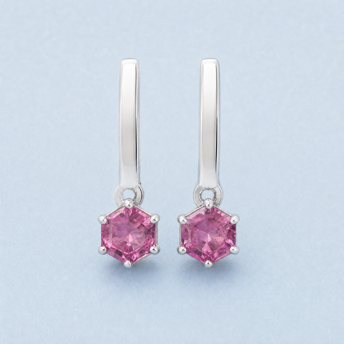 Pink Hexagon Bar Drop Earrings in 925 sterling silver, straight-on view