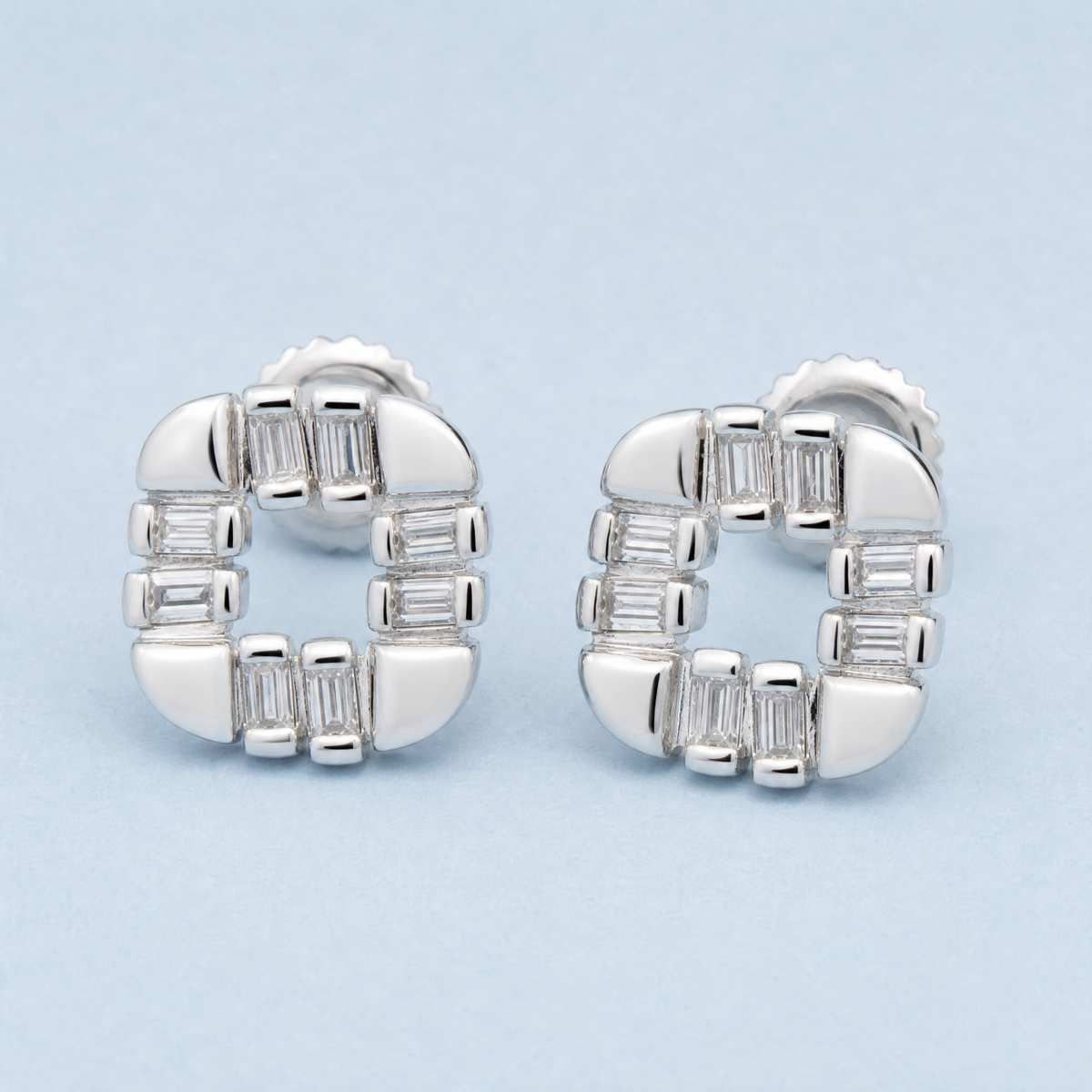 Baguette Square Frame Stud Earrings in 925 sterling silver, angled view