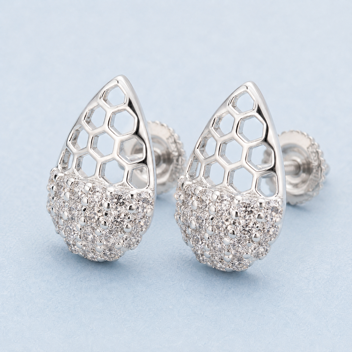 Honeycomb Pavé Stud Earrings in 925 sterling silver, angled view
