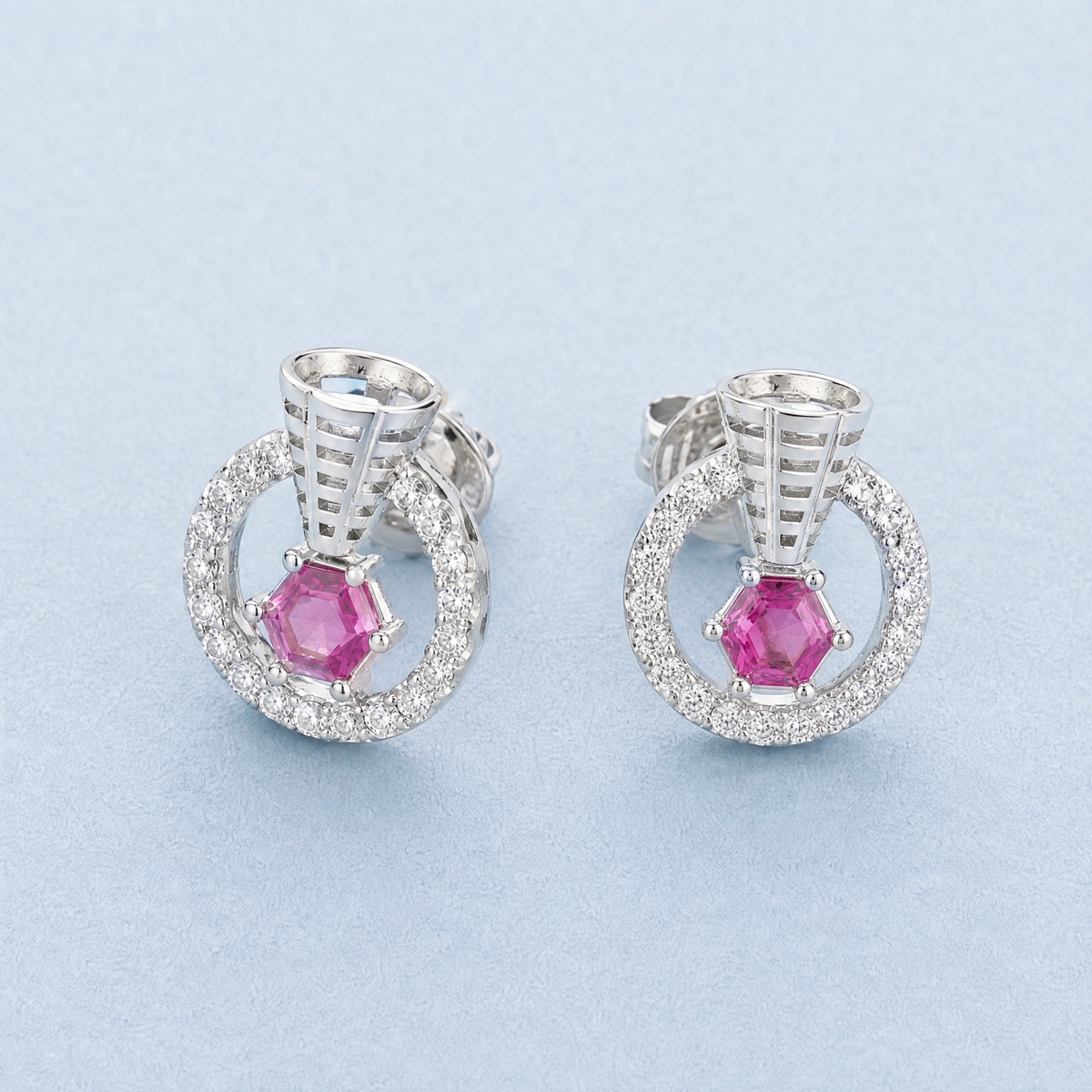 Pink Hexagon Circle Stud Earrings in 925 sterling silver, angled view