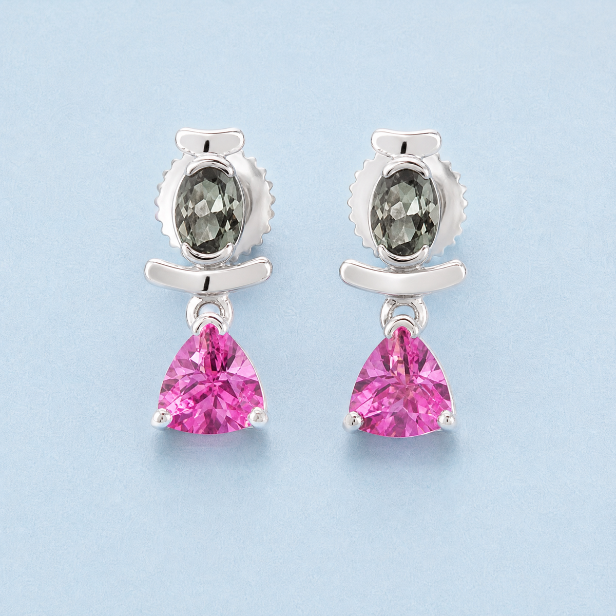 Grey and Pink Triangle Drop Earrings in 925 sterling silver, close front view