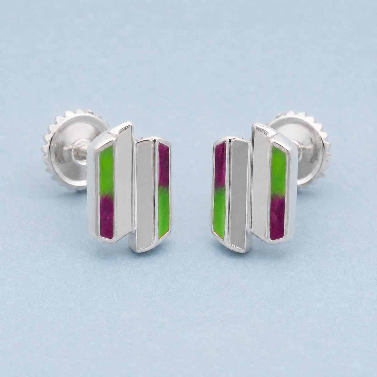 Offset Bar Enamel Stud Earrings in 925 sterling silver, angled view