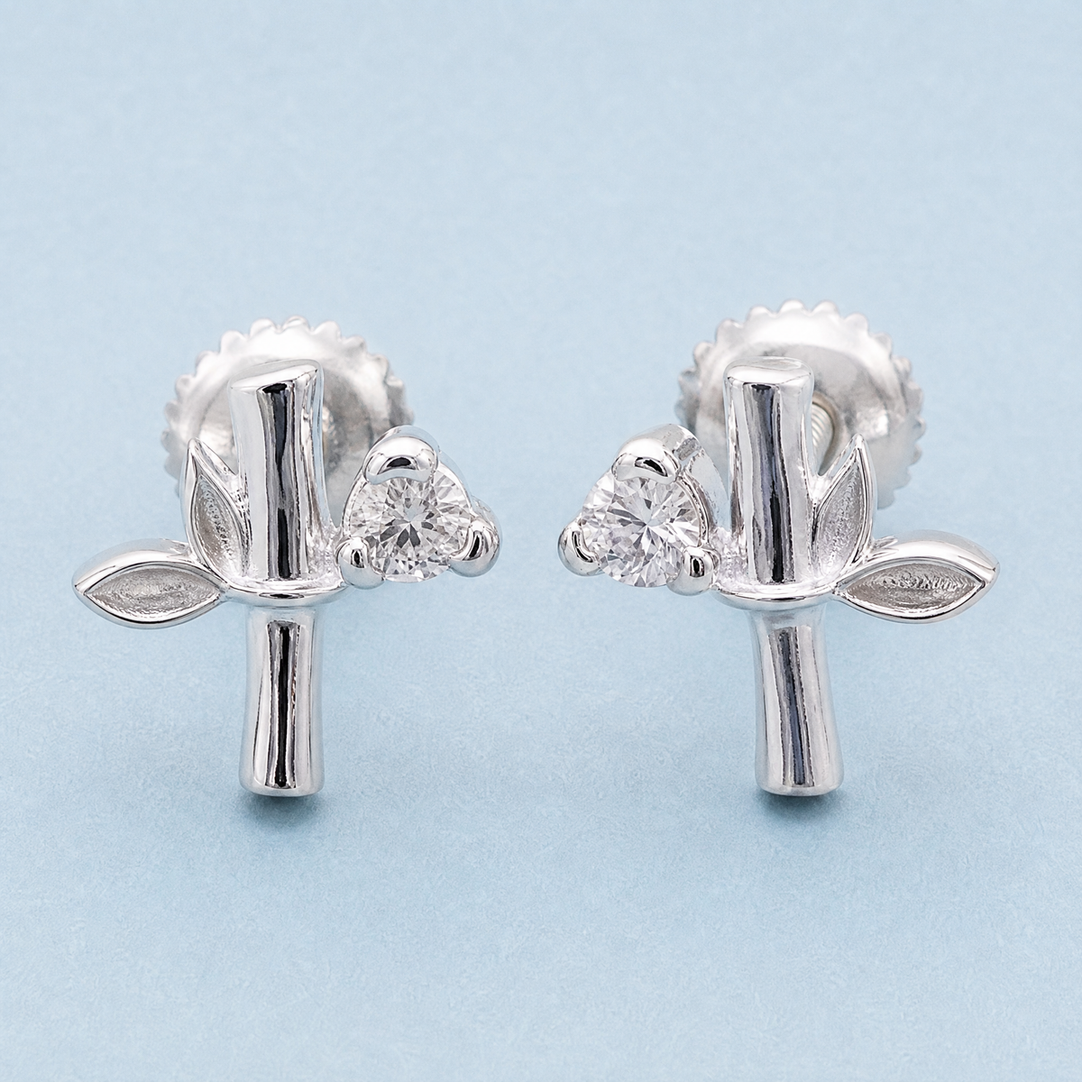 Bamboo Leaf Stud Earrings in 925 sterling silver, close front view