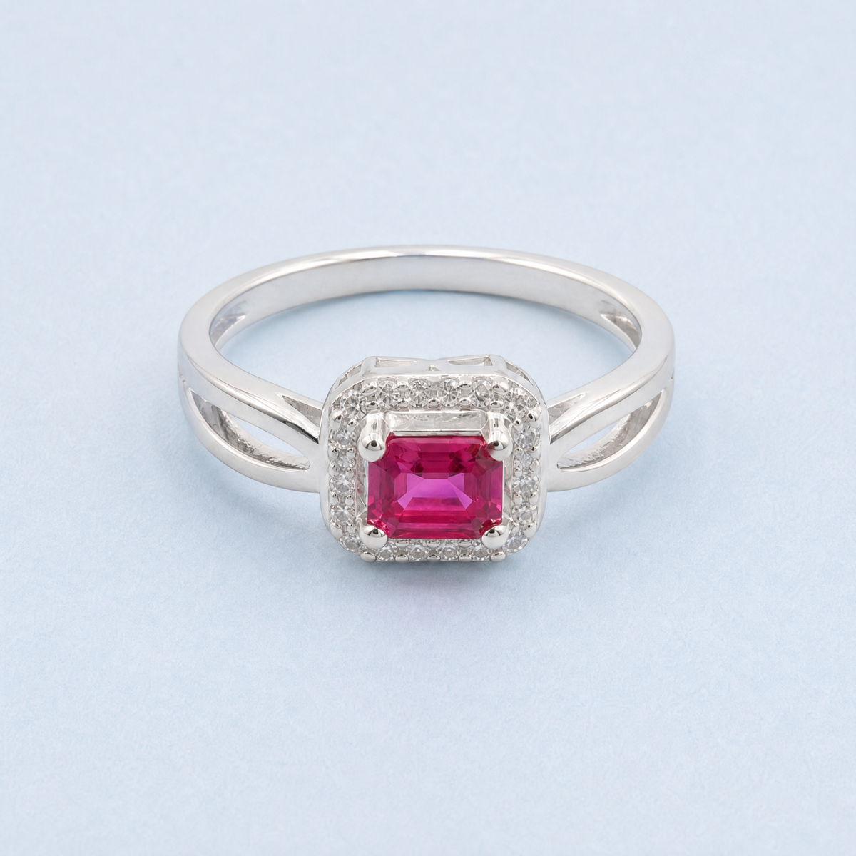 Pink Halo Step Cut Ring in 925 sterling silver, front view