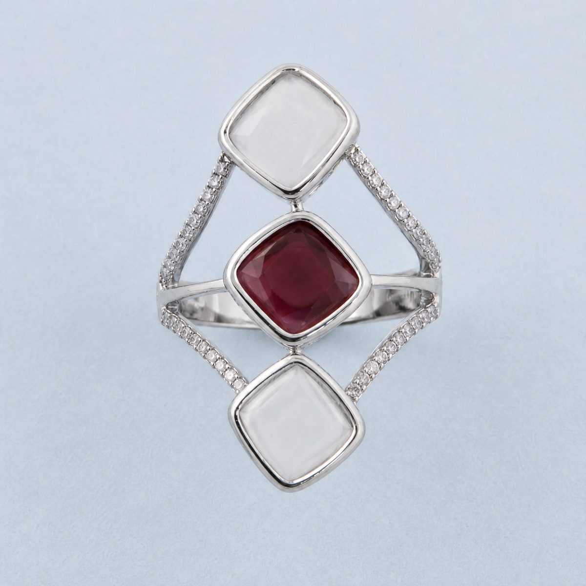 Red and White Trio Cocktail Ring in 925 sterling silver, front view