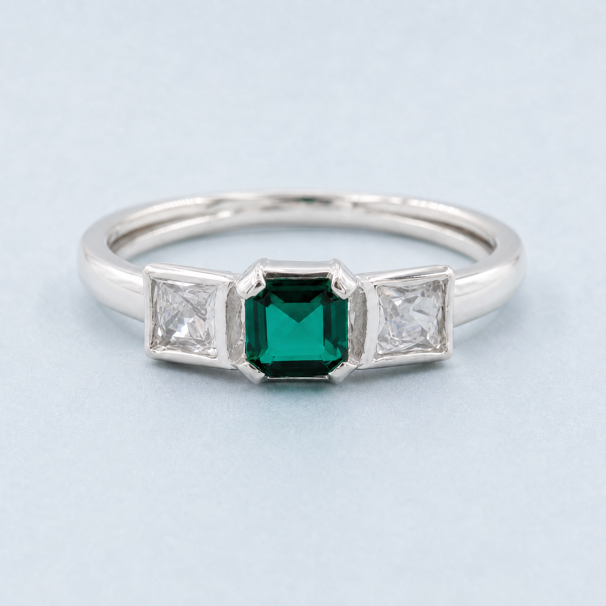 Green and Clear Trio Ring in 925 sterling silver, front view