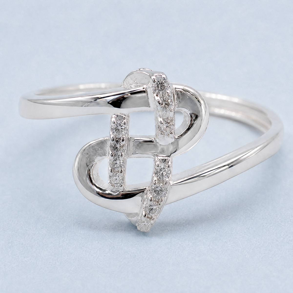 Pavé Knot Bypass Ring in 925 sterling silver, front view