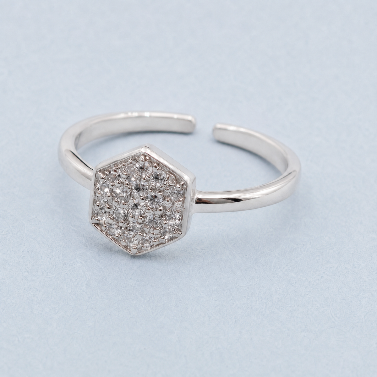 Pavé Hexagon Open Ring in 925 sterling silver, front view