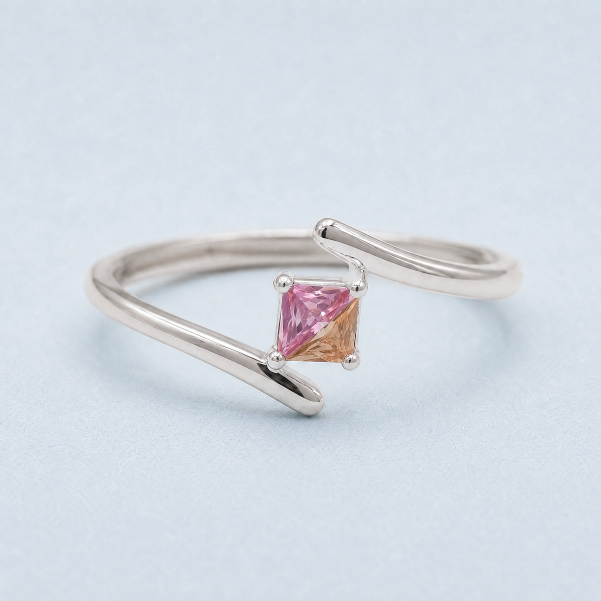 Pink and Peach Bypass Ring in 925 sterling silver, front view