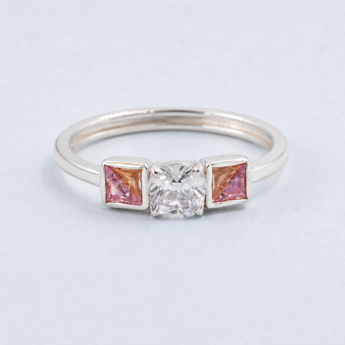 Clear and Pink Trio Ring in 925 sterling silver, front view