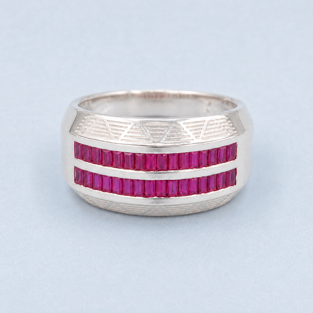 Double Row Pink Baguette Ring in 925 sterling silver, front view