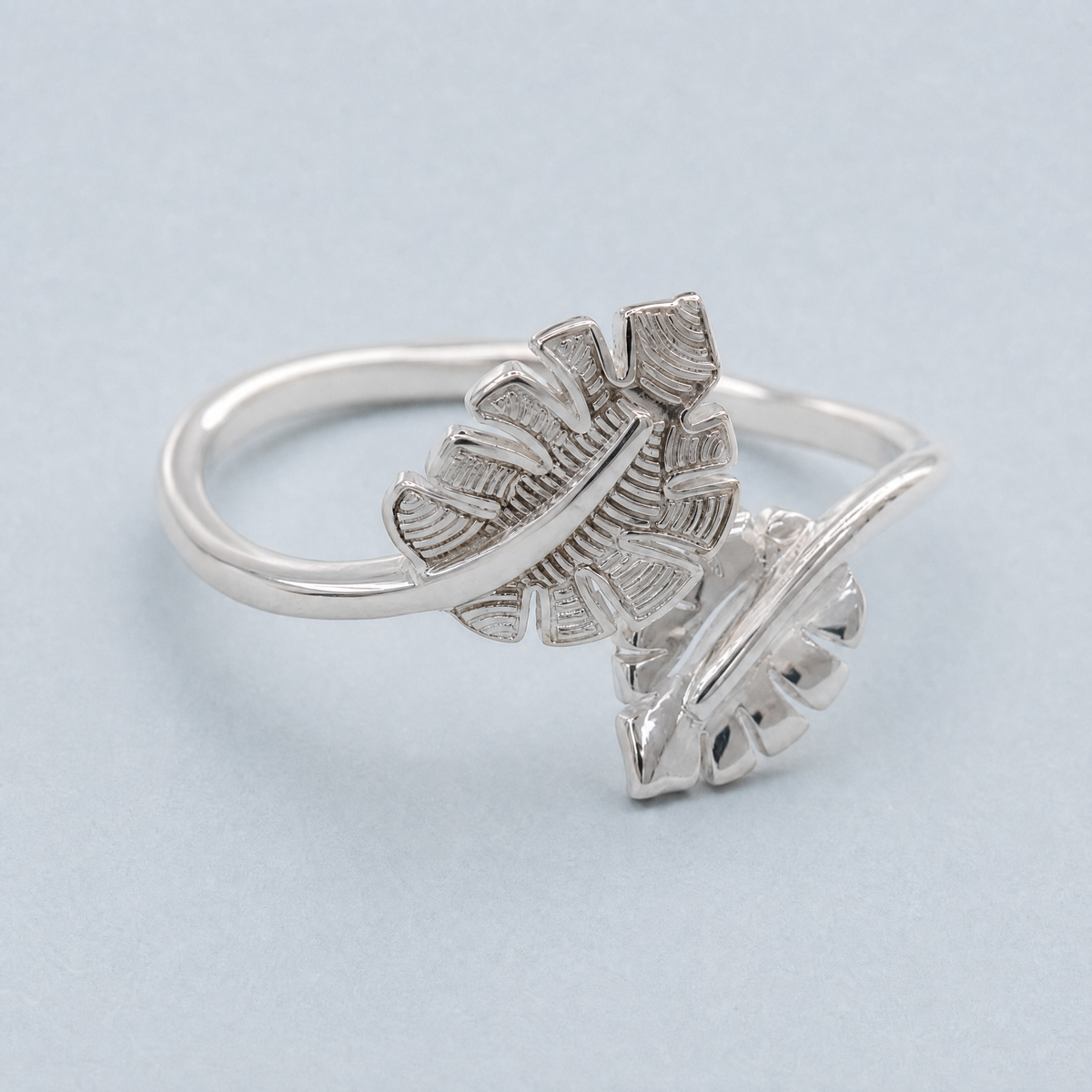 Twin Leaf Bypass Ring in 925 sterling silver, front view