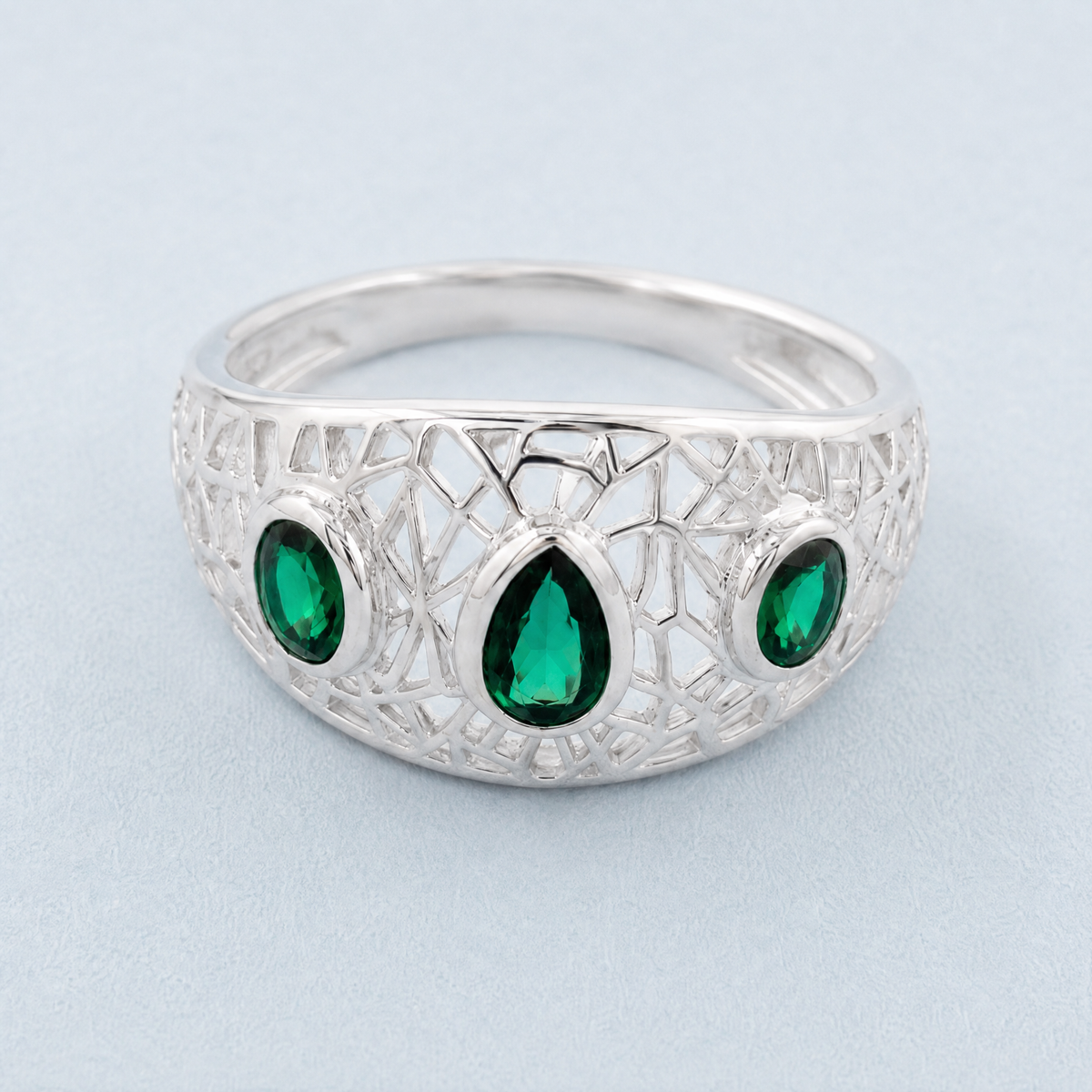 Green Trio Openwork Dome Ring in 925 sterling silver, front view
