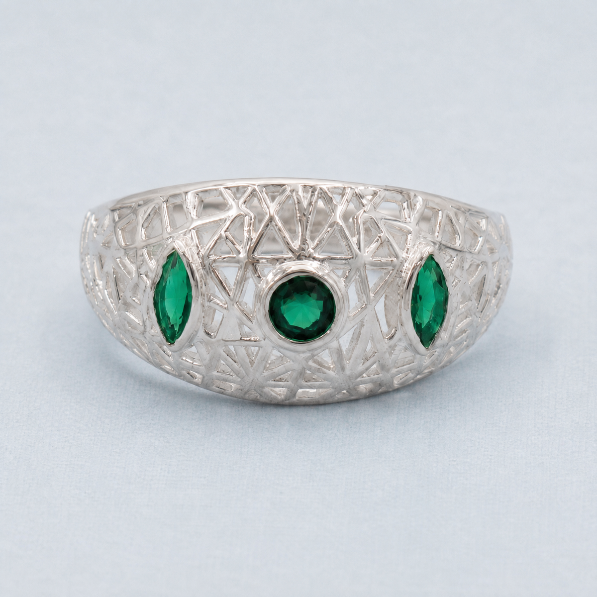 Green Marquise Lattice Dome Ring in 925 sterling silver, front view