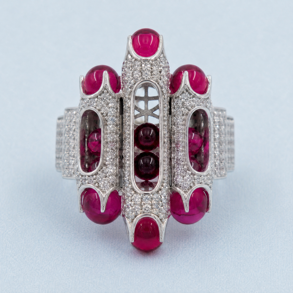 Red Cabochon Pavé Cocktail Ring in 925 sterling silver, top view