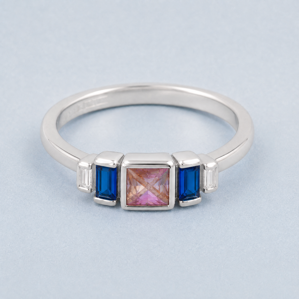 Pink and Blue Step Row Ring in 925 sterling silver, front view