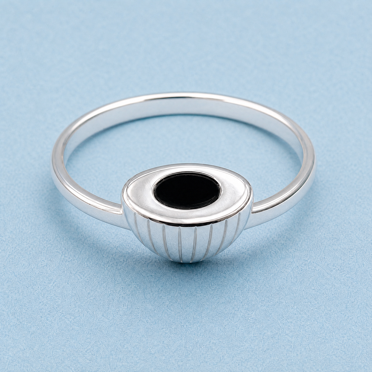 Black Oval Ribbed Cup Ring in 925 sterling silver, front view