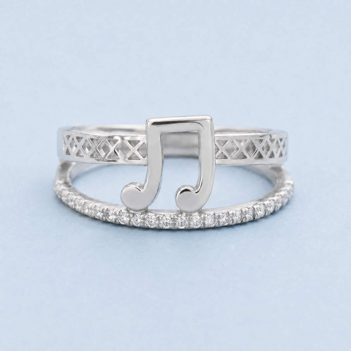 Music Note Double Band Ring in 925 sterling silver, front view