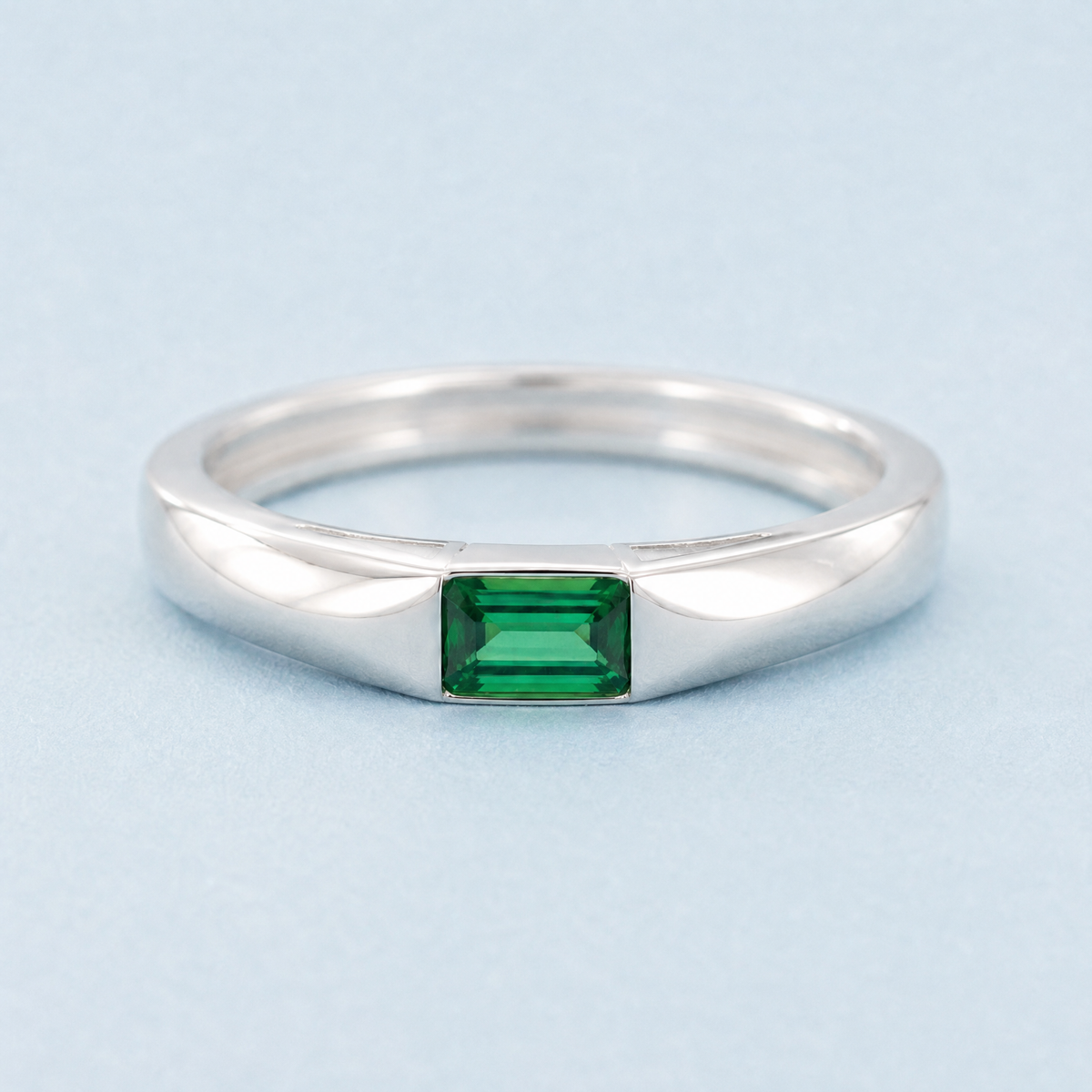 Green Baguette East West Ring in 925 sterling silver, front view