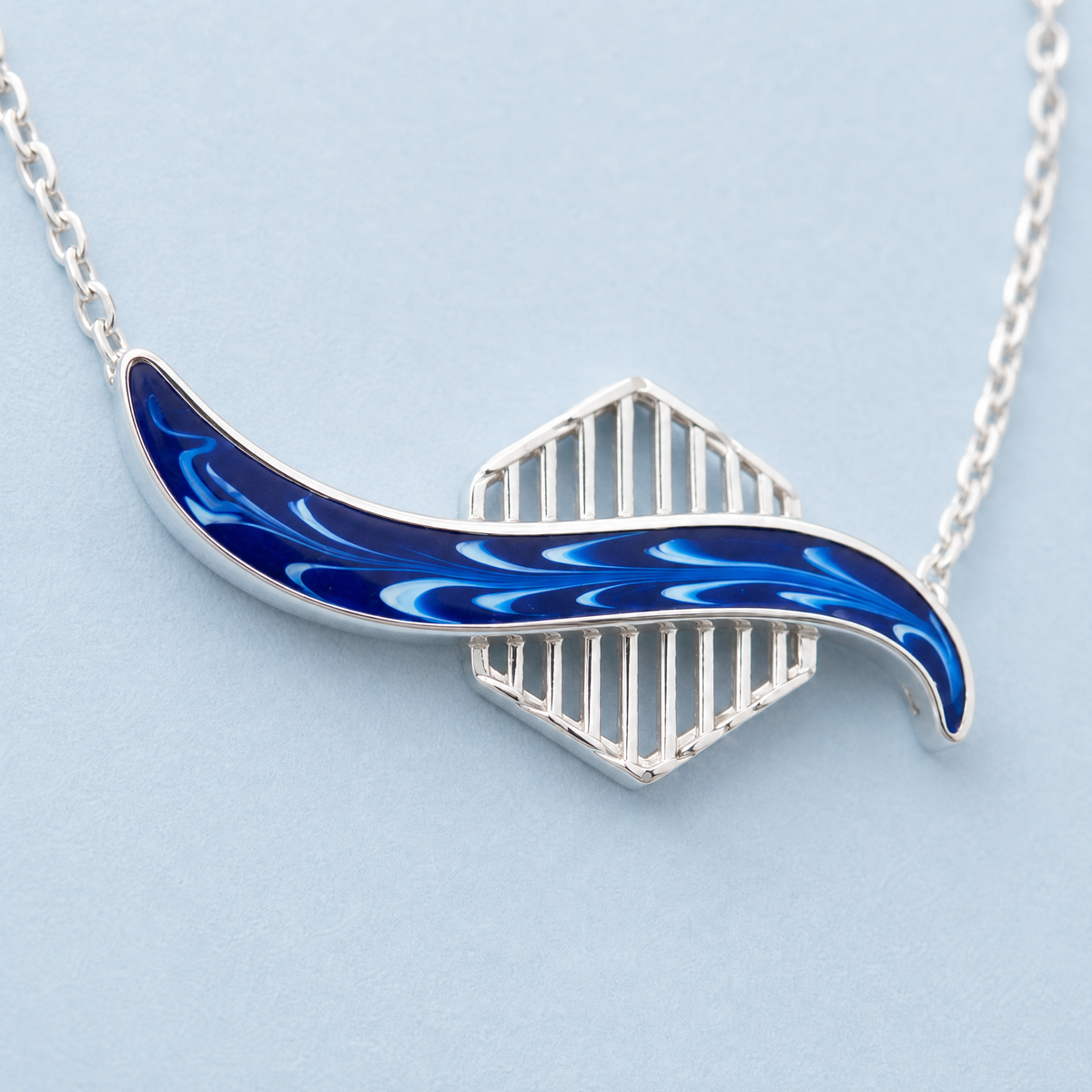Blue Wave Enamel Necklace in 925 sterling silver, close-up of the pendant