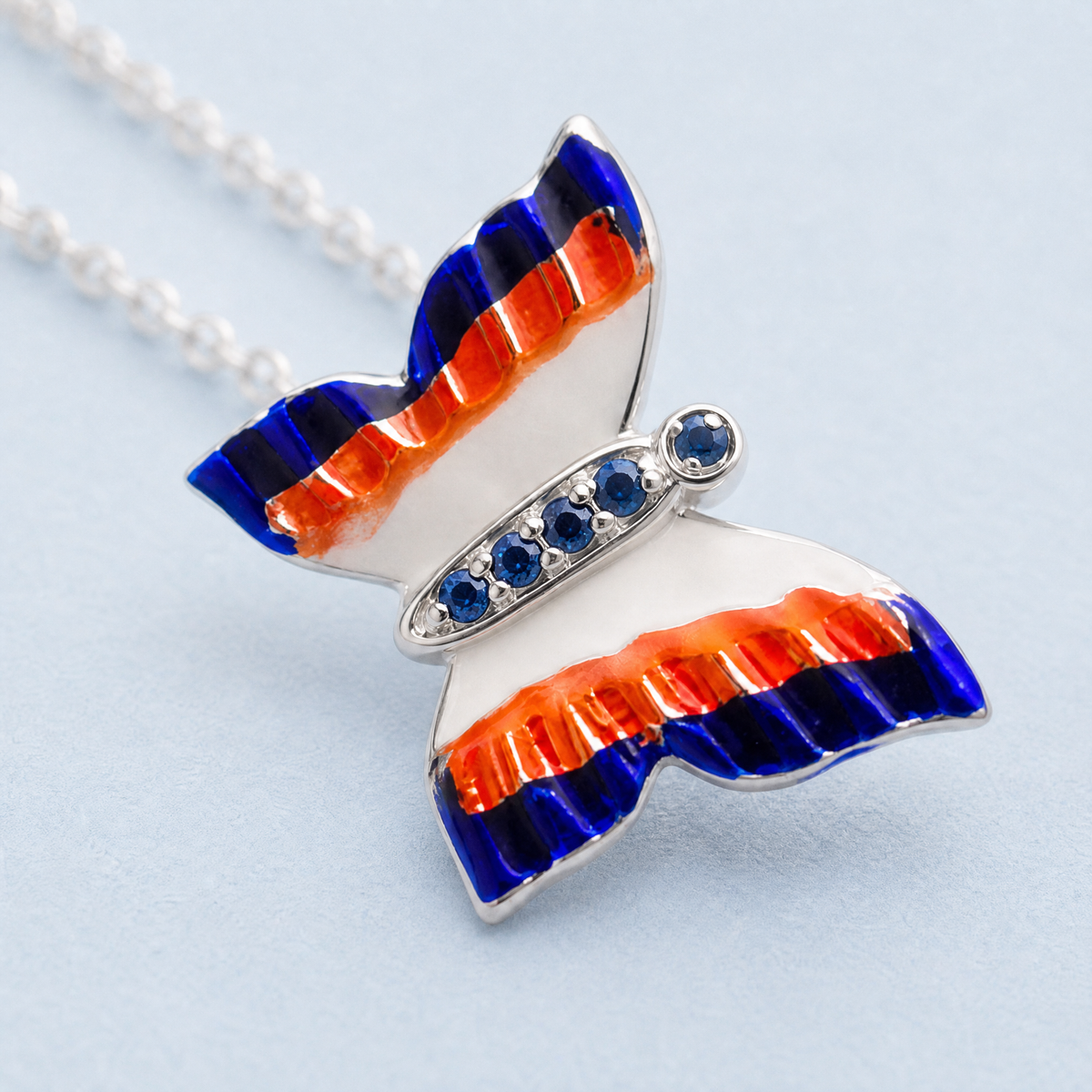 Striped Butterfly Enamel Necklace in 925 sterling silver, close-up of the pendant