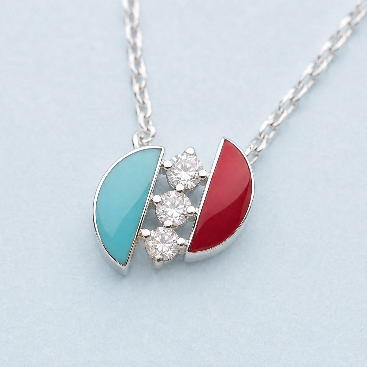 Half Moon Duo Pendant Necklace in 925 sterling silver, close-up of the pendant