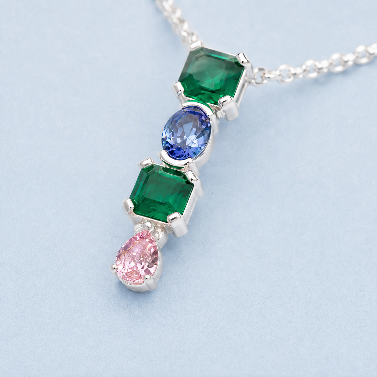 Four Stone Colour Drop Necklace in 925 sterling silver, close-up of the pendant