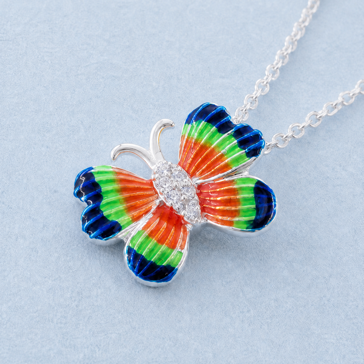Rainbow Wing Butterfly Necklace in 925 sterling silver, close-up of the pendant