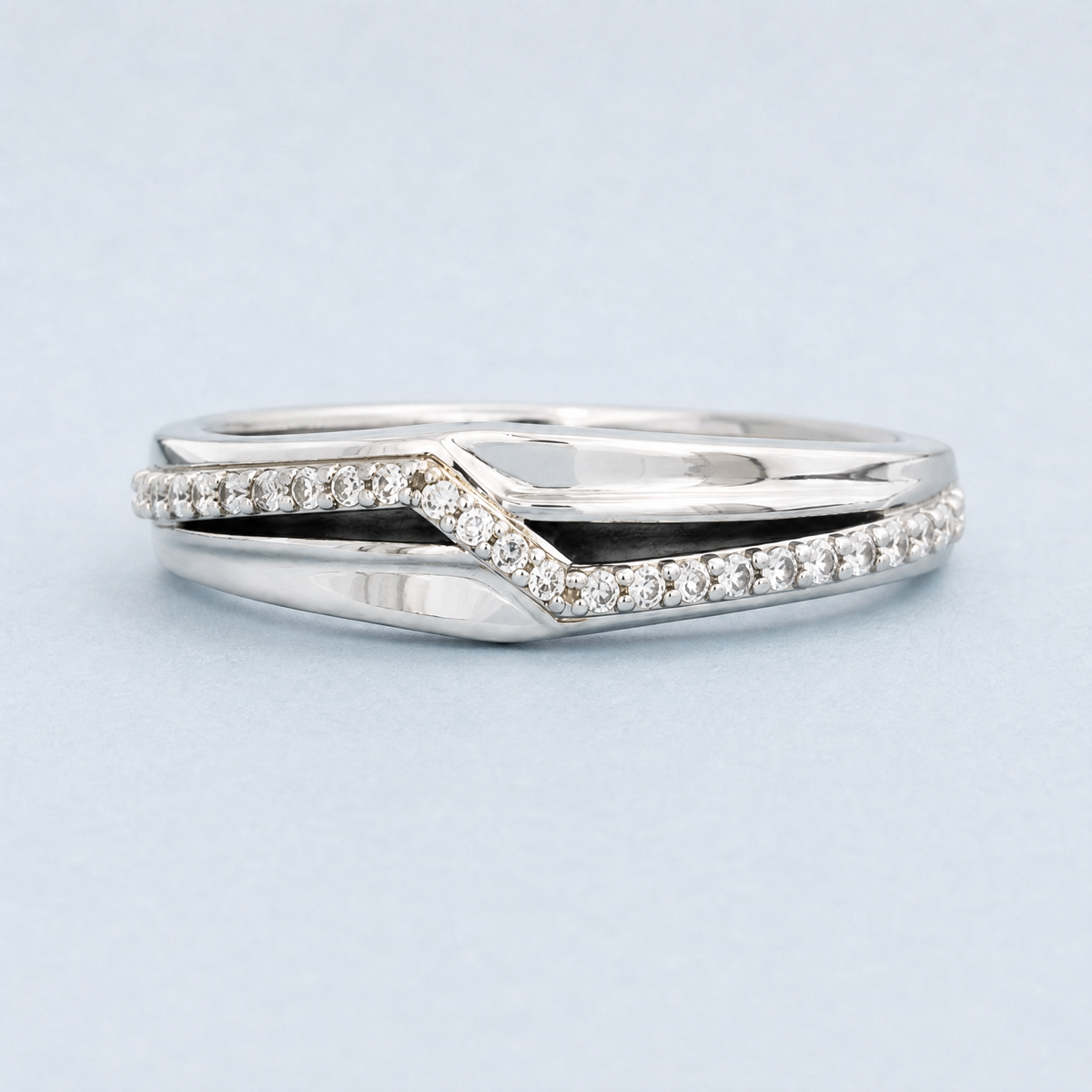 Chevron Pavé Double Band Ring in 925 sterling silver, front view