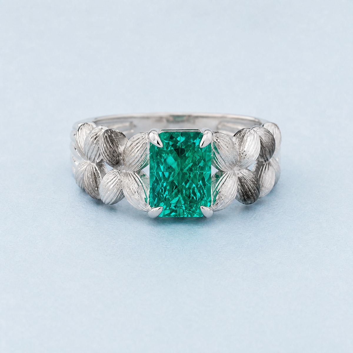 Green Stone Flower Shoulder Ring in 925 sterling silver, front view