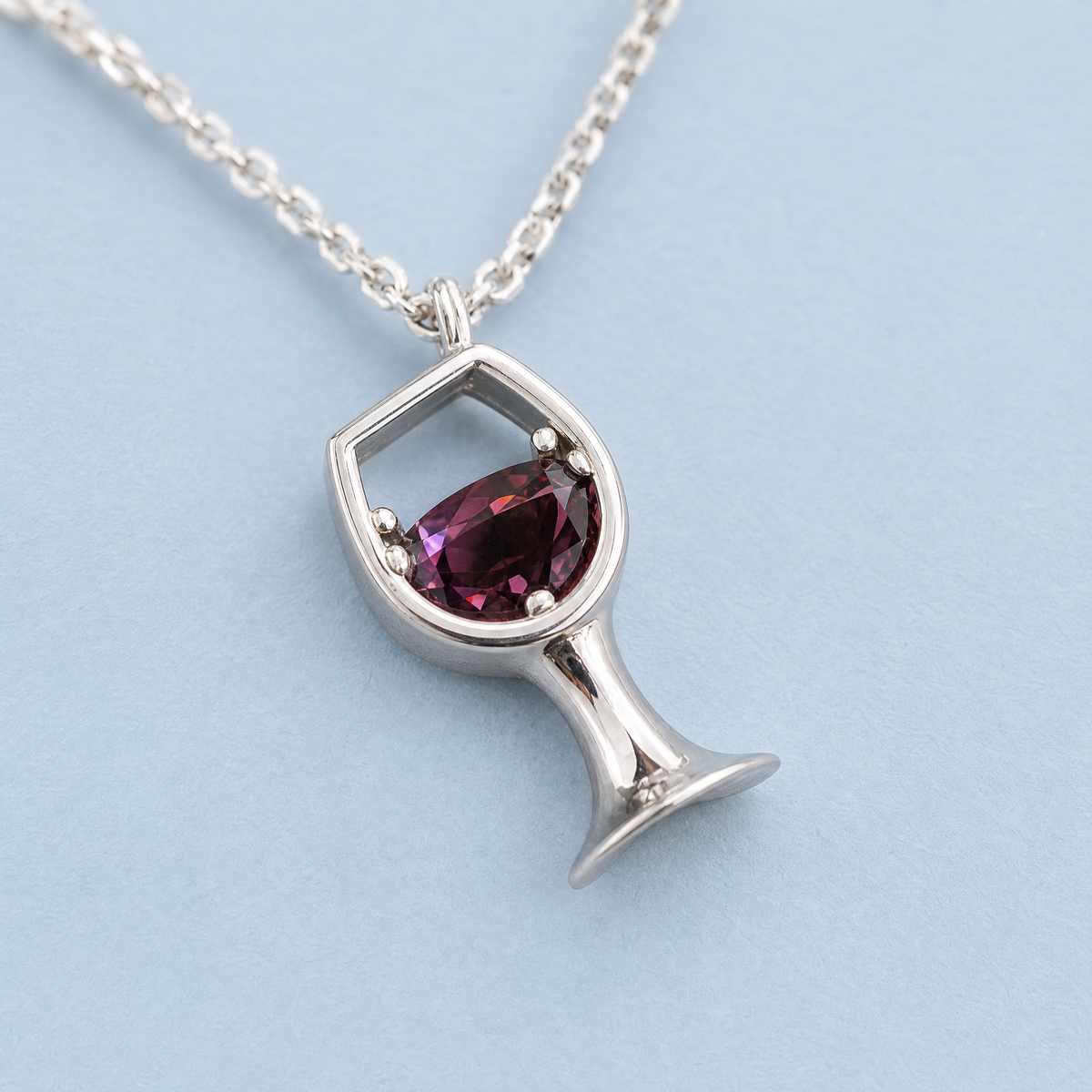 Wine Glass Pendant Necklace in 925 sterling silver, close-up of the pendant