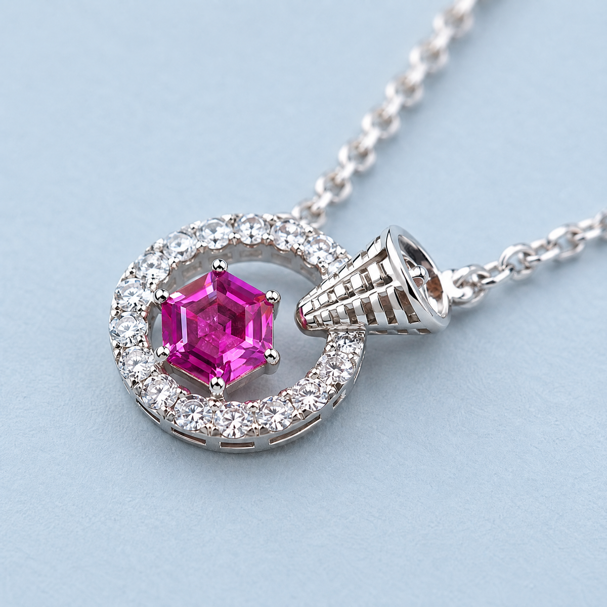 Pink Hexagon Circle Necklace in 925 sterling silver, close-up of the pendant