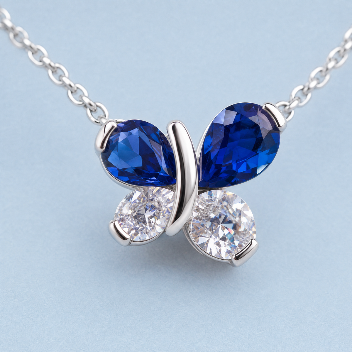 Blue Wing Butterfly Necklace in 925 sterling silver, close-up of the pendant