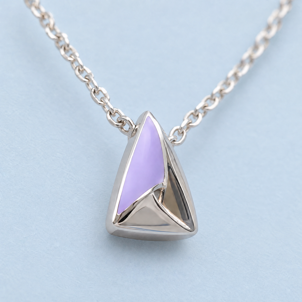 Folded Triangle Enamel Pendant Necklace in 925 sterling silver, close-up of the pendant