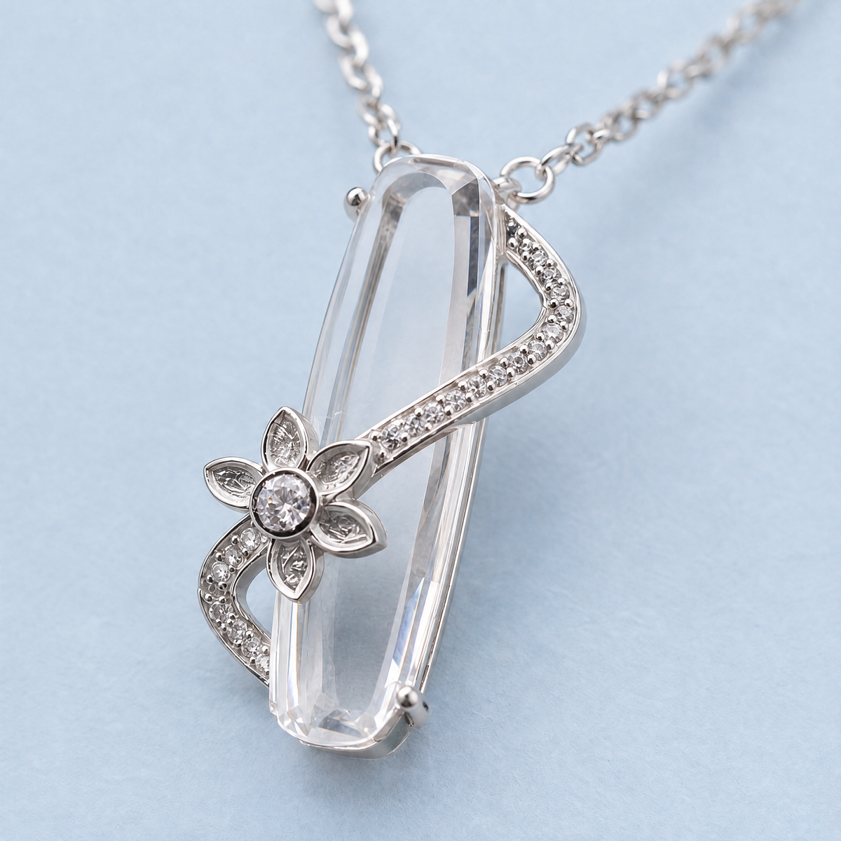 Flower Wrap Clear Stone Necklace in 925 sterling silver, close-up of the pendant