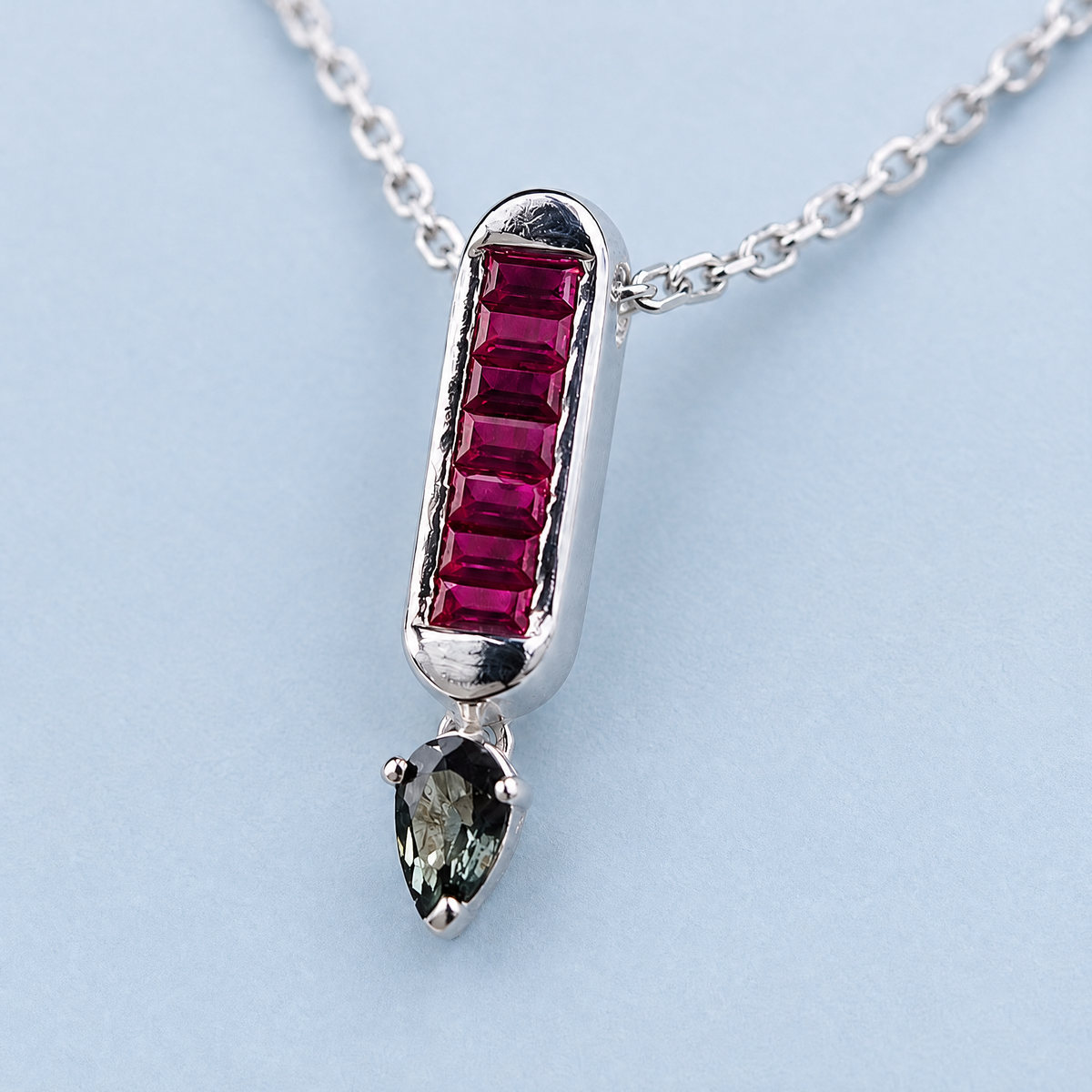 Red Baguette Bar Drop Necklace in 925 sterling silver, close-up of the pendant