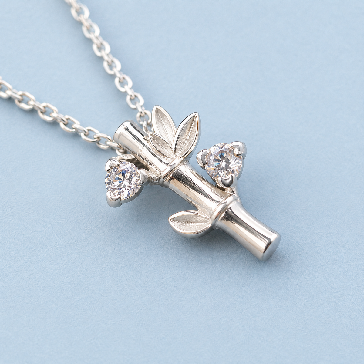 Bamboo Leaf Pendant Necklace in 925 sterling silver, close-up of the pendant