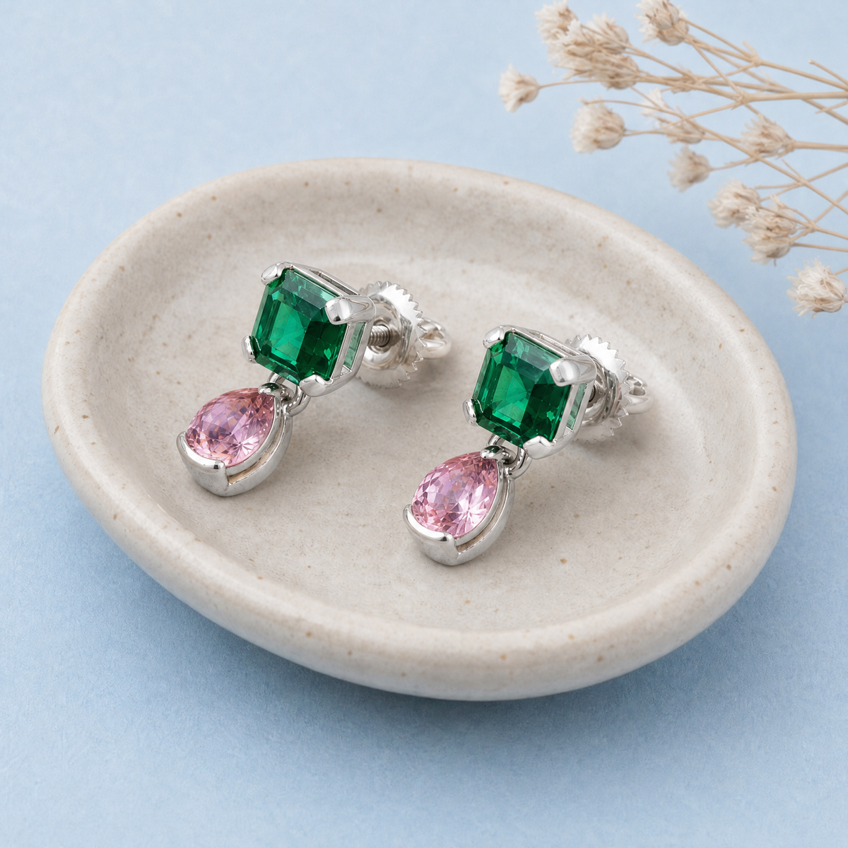 Green and Pink Drop Earrings in 925 sterling silver, on a ceramic dish