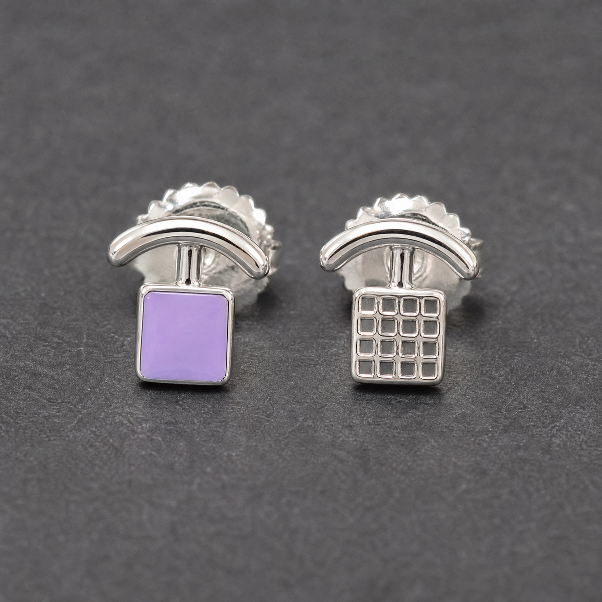 Lavender and Grid Enamel Stud Earrings in 925 sterling silver, on a dark background