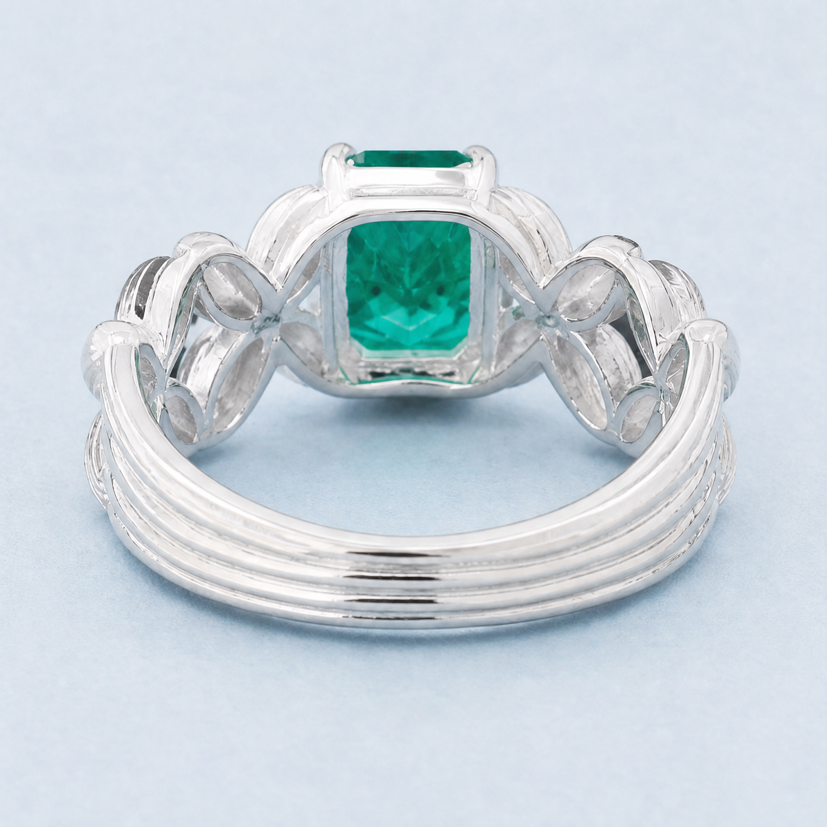 Green Stone Flower Shoulder Ring in 925 sterling silver, back view