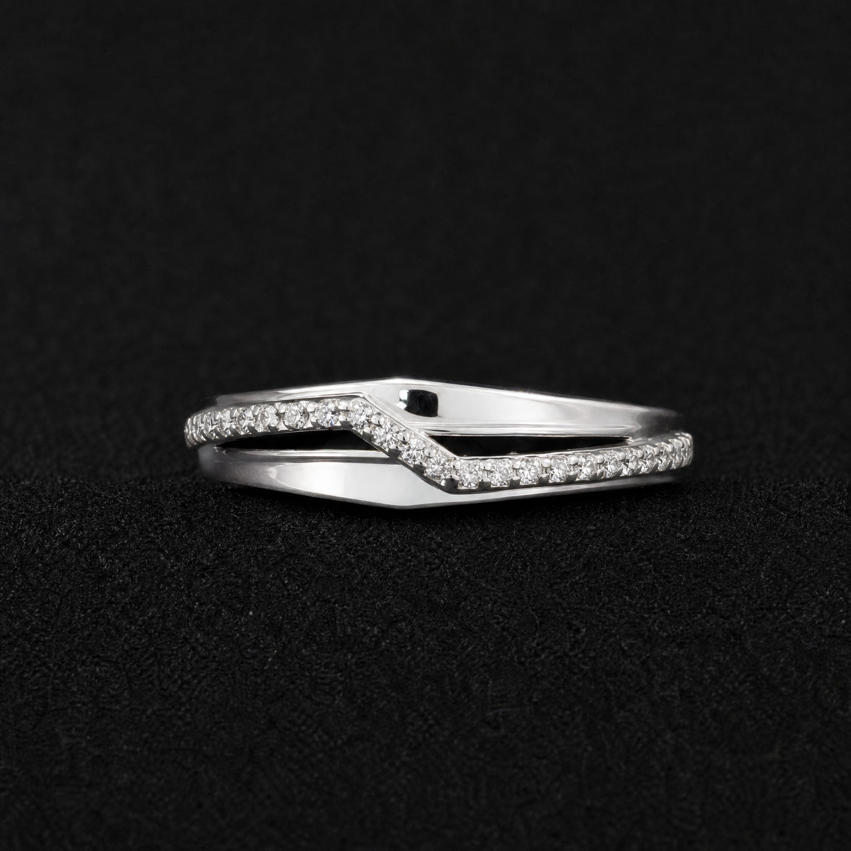 Chevron Pavé Double Band Ring in 925 sterling silver, on a dark background