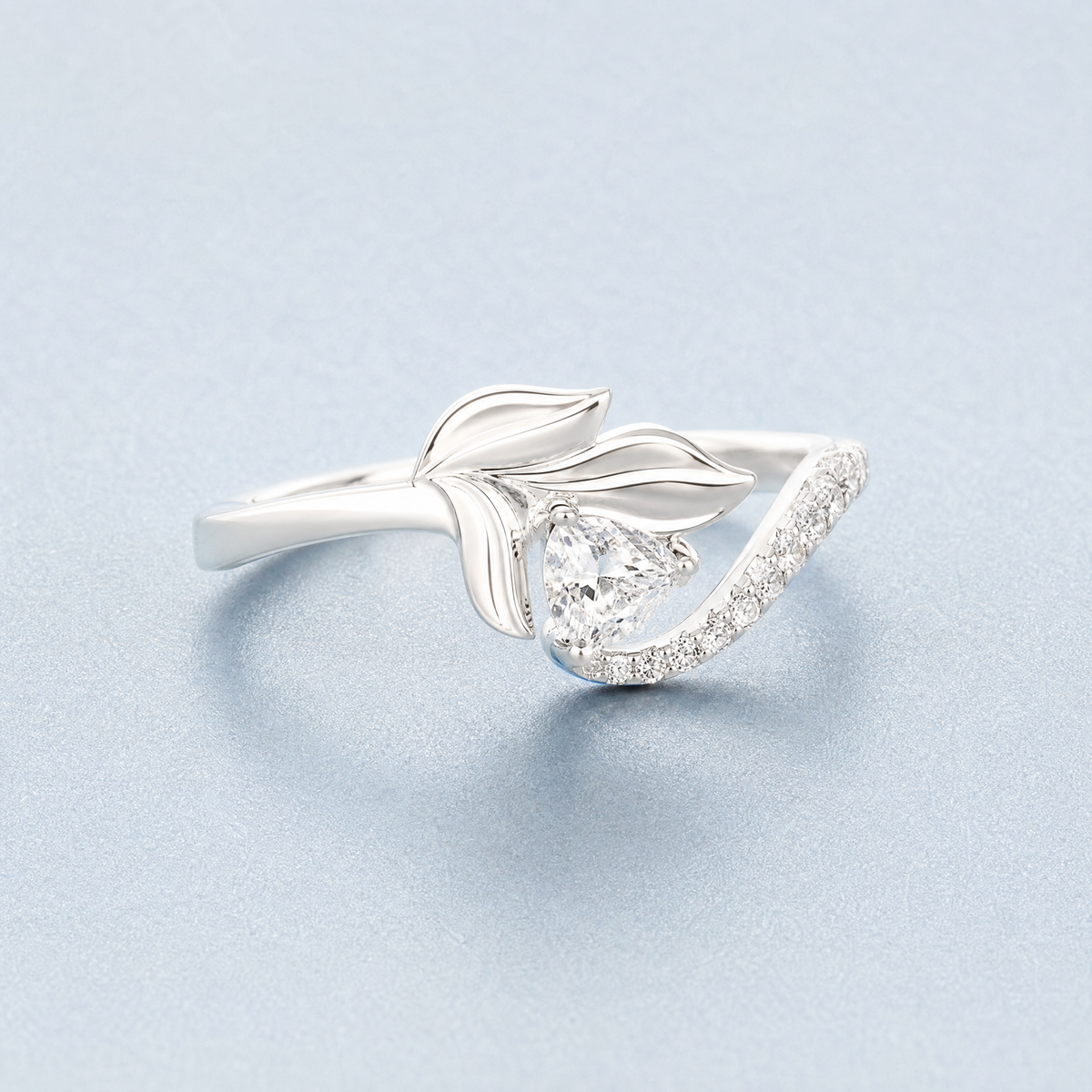 Heart and Leaf Wrap Ring in 925 sterling silver, angled view